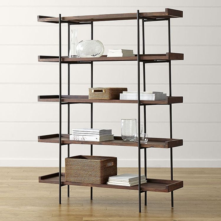 American Vintage Iron and Wood Standing Bookshelf with Multi-Tier Shelves