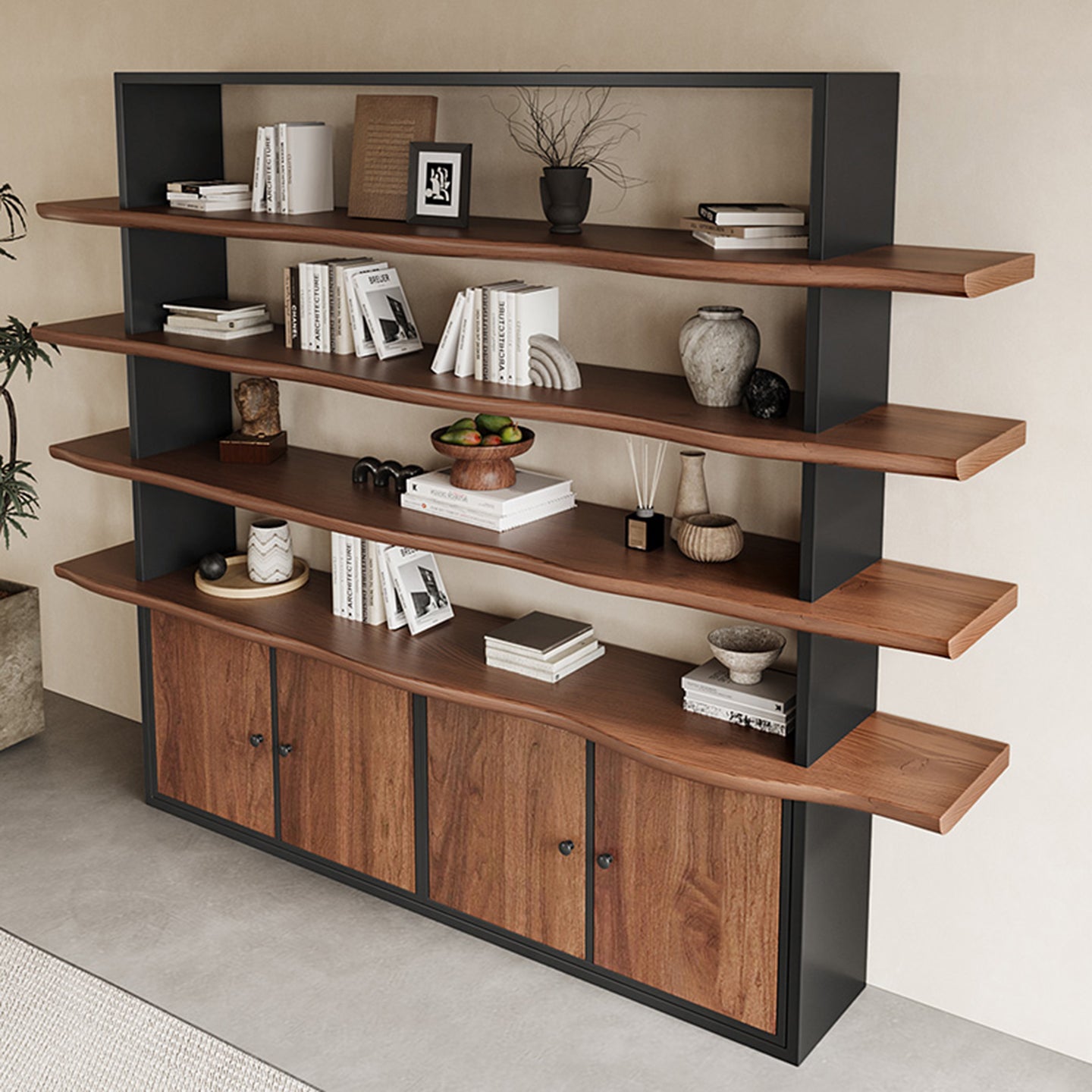 Nordic Wood Floor Bookshelf with Metal Frame for Vintage Storage