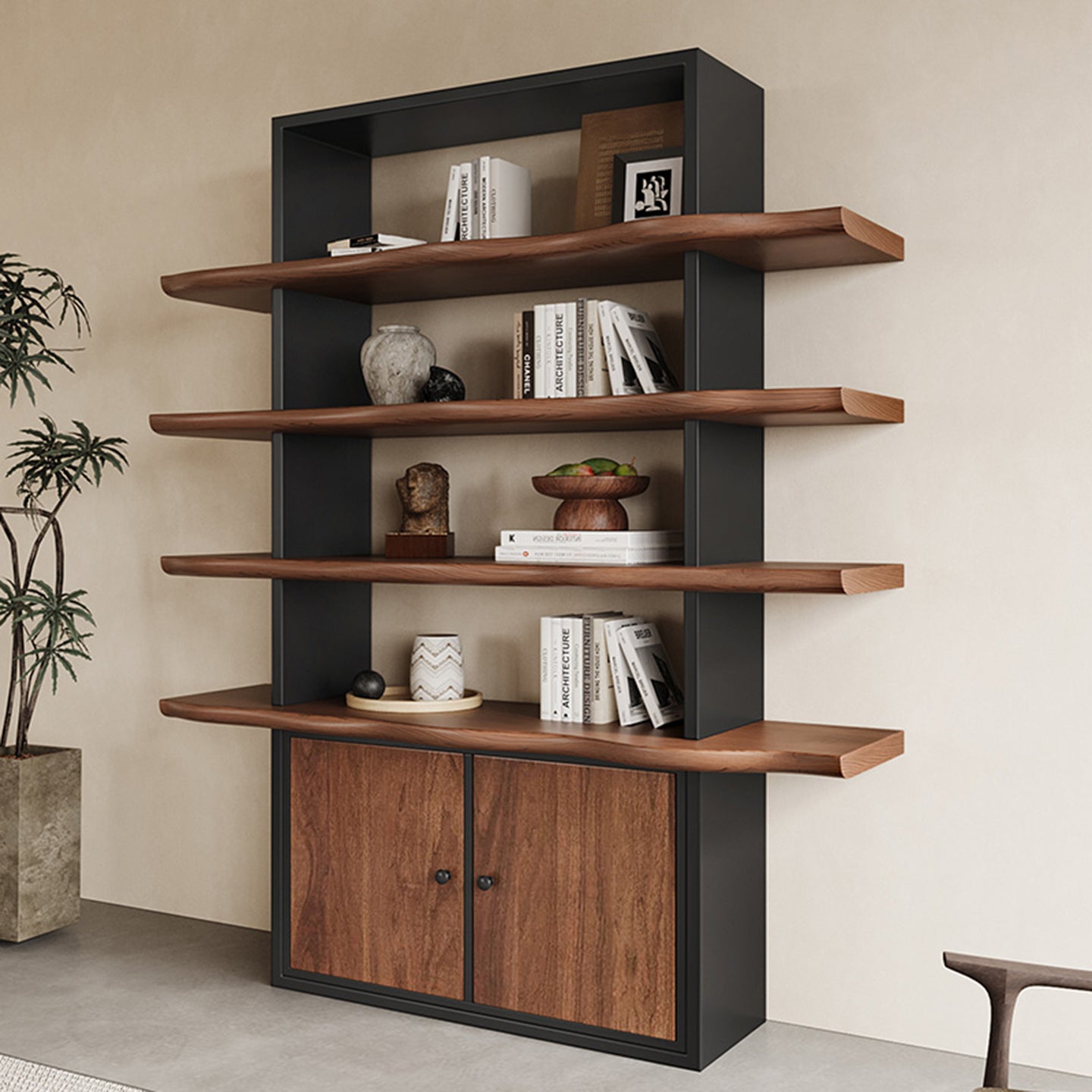 Nordic Wood Floor Bookshelf with Metal Frame for Vintage Storage